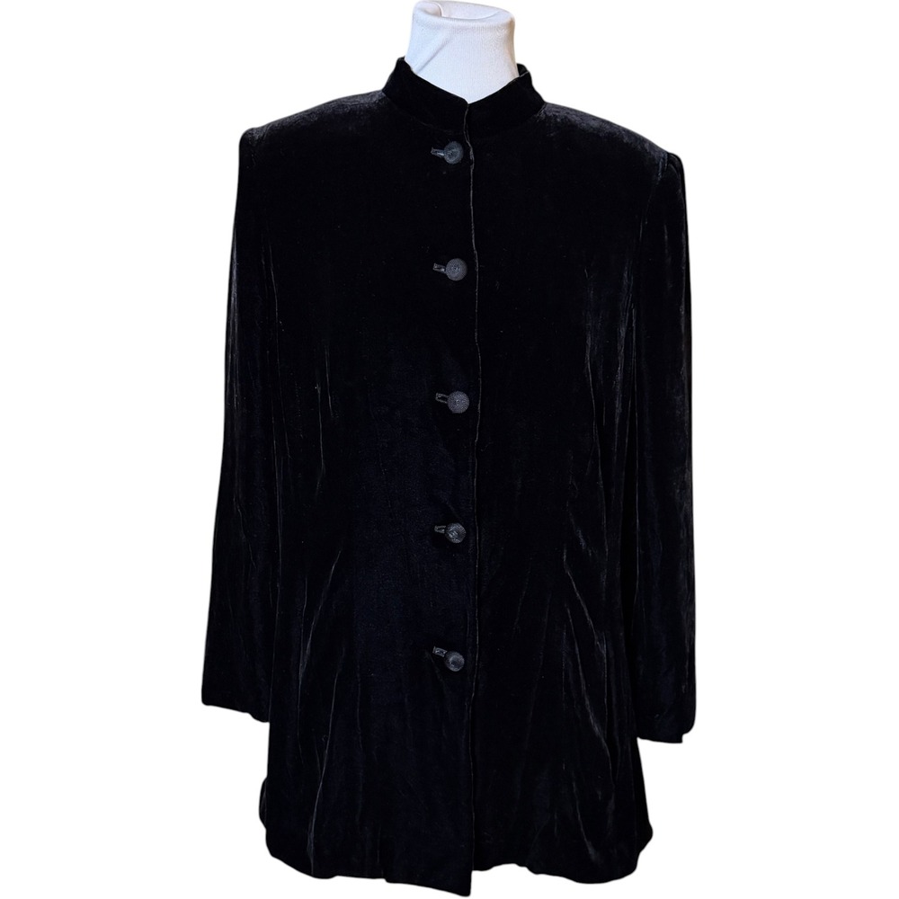 Kate Hill Woman Velvet Tunic Jacket Women 16W Black Silk Blend Mandarin Collar